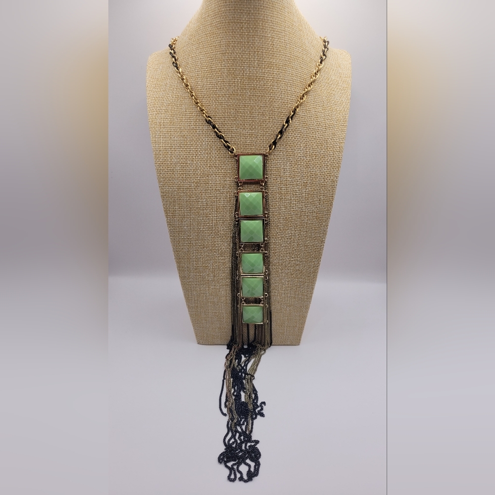 Vintage Rare Monet Signed Long Flapper Runway Gold Black Jade Fringe Necklace